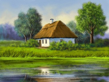 Nehirdeki eski ev, kırsal alan resimleri, eski kulübe, gölet, bahçe. Güzel sanat eserleri. Sanatçı tarafından çizilmiş, yapay zeka değil.