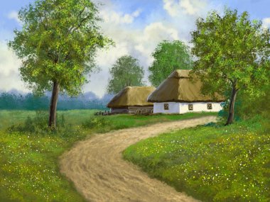 Eski evle kırsal alan resimleri, eski köyün yolu, güzel sanatlar.