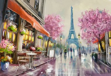 Resimler, manzara, baharda çiçek, sanat eserleri, güzel sanatlar. Paris 'te bahar, güzel eski bir cadde, çiçek açan ağaçlar, uzaktaki Eyfel Kulesi. Tamamıyla kurgusal bir tablo..