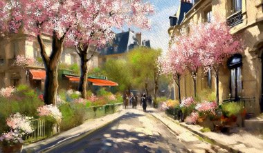 Şehirde bahar, çiçek açan ağaçlar. Tamamen kurgusal bir hikaye. Resimler peyzaj, sanat eserleri, güzel sanatlar..