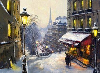 Paris 'te bir kış şehrinde antik bir cadde, fenerler yanıyor, güzel bir kış resmi. Tamamen kurgusal bir hikaye. Resimler kış manzarası, güzel sanatlar.