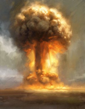 Nükleer patlama illüstrasyon, yağlı boya, desen fırçaları, bulutlardaki ateş, güzel sanatlar.