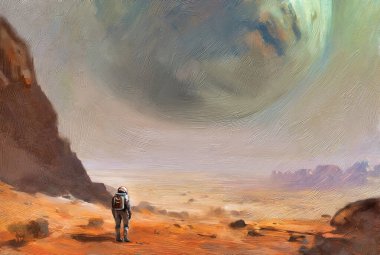 Mars gezegeni. Çölde kozmonot, uzay gemisi ve gezegen, uzaydaki yabancı gezegen. Yağlı boya tabloları, konsept çizimleri, desen boyaları.