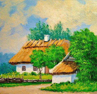 Kırsal kesimde bir ev, göldeki eski bir ev, yağlı boya tabloları, güzel sanatlar.