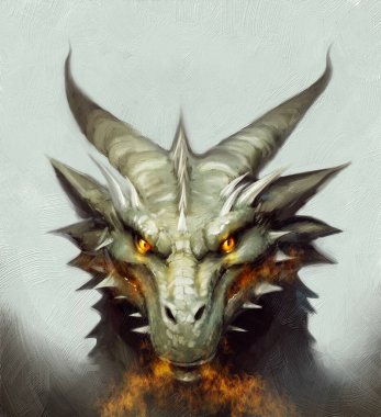Bir ejderhanın başı, Illustration, bir insanın portresi, tamamen hayali karakter, yağlı boya resimler, güzel sanatlar, sanat eserleri.