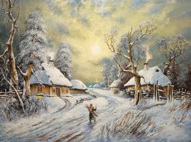 Köyde kışın yağlı boya tabloları, evle manzara, güzel sanatlar.