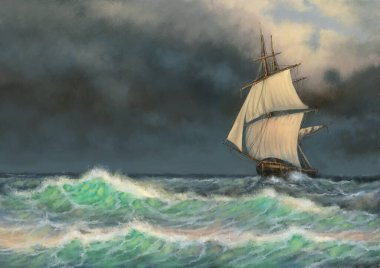 Denizde yüzen gemi, deniz manzarası, güzel sanatlar.