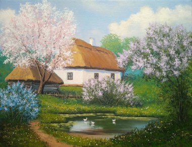 Baharda kulübe, nehir kıyısında ev, kırsalda eski ev, köyde eski ev, kırsal alanda yağlı boya tabloları.