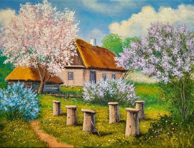 Yağ tabloları, kırsal kesimde eski evler, köyde eski ahşap evler, kovanları, bahçedeki eski arılar.
