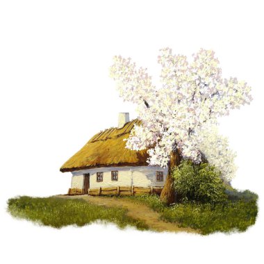 Bahçedeki beyaz, eski ahşap bir kulübede resimler.