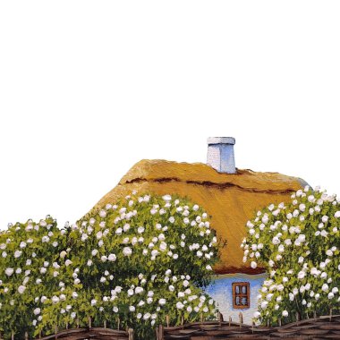 Bahçedeki beyaz, eski ahşap bir kulübede resimler. Geleneksel tarzda eski bir ev.