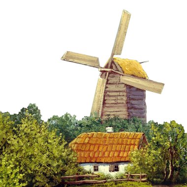 Resimler, yel değirmenli kırsal alan, beyaz arkaplanda resimler.
