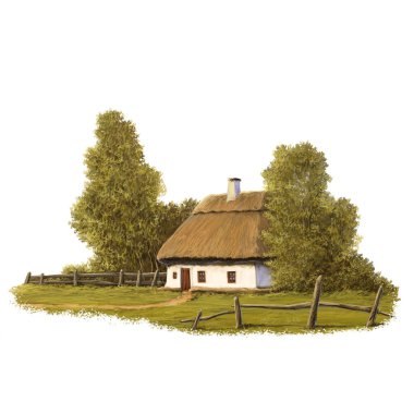 Resimler, saman balyalarıyla kırsal alan, beyaz arkaplanda resimler.