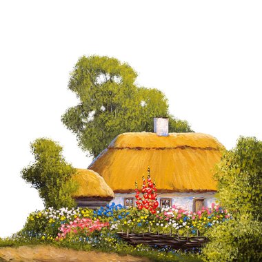 Geleneksel eski ev, beyaz arka planda resimler.