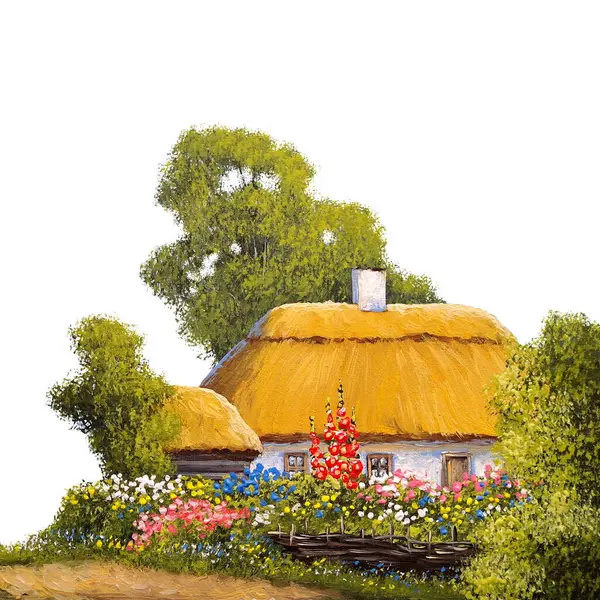 Geleneksel eski ev, beyaz arka planda resimler.