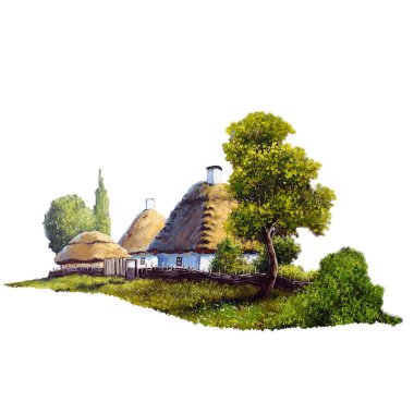 Beyaz arka planda resimler, ormandaki ev.