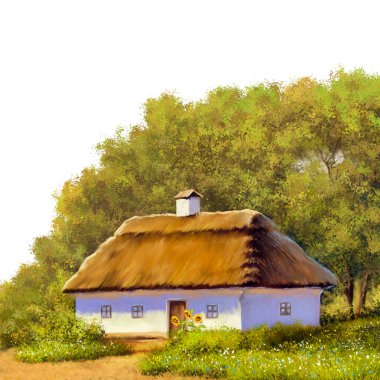 Beyaz arka planda resimler, kırsalda eski bir ev.