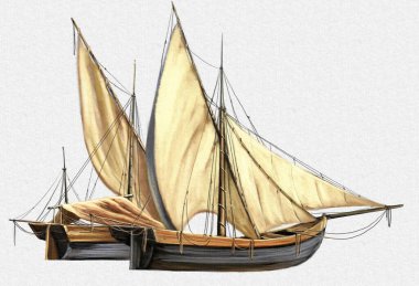 Beyaz arka planda resimler, eski ahşap yelkenli gemi, izole balıkçı yelkenlisi, güzel sanatlar.