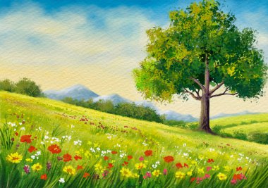 Çayırı olan bahar manzarası, ressam tarafından çizilen illüstrasyon, güzel manzara.
