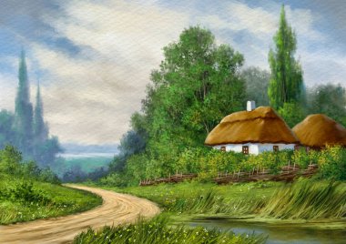 Ormandaki kırsal alan, sanatçının çizdiği resim, güzel manzara.