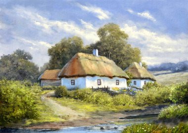 Güzel suluboya kırsal alan, nehir kenarındaki eski ev, bahçe, ağaçlar, çiçekler, ressam tarafından boyanmış resimler, nehir kıyısındaki ev.