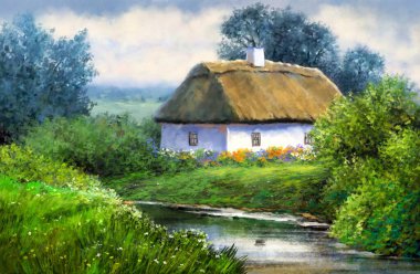 Güzel suluboya kırsal alan, nehir kenarındaki eski ev, bahçe, ağaçlar, çiçekler, ressam tarafından boyanmış resimler, nehir kıyısındaki ev.