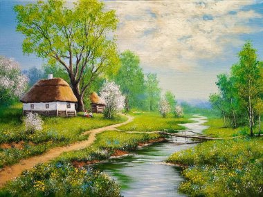 Yağ tabloları, ahşap bir ev ve güzel sanatlar. Eski köyde bahar, bahçe