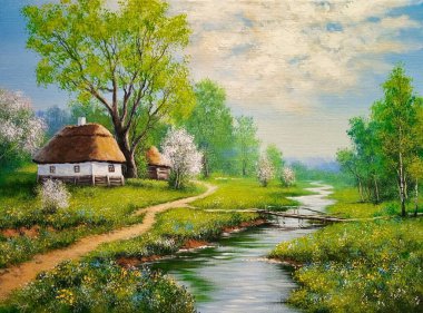 Yağ tabloları, ahşap bir ev ve güzel sanatlar. Eski köyde bahar, bahçe