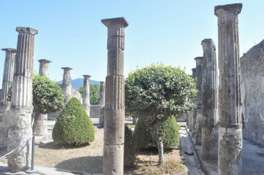 Pompeii antik Roma şehrindeki arkeolojik alanın kalıntıları, İtalya 'nın Pompeii kentinde MS 79 yılında Vesuvius Dağı' nın patlamasında volkanik küllerin altına gömüldü.