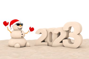 Sandy Christmas Kardan Adam 2023 Yeni Yıl tabelasıyla Sunny Beach 'te. 3d Hazırlama