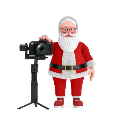 Beyaz arka planda DSLR ya da Video Kamera Gimbal Stabilizasyon Sistemi olan Neşeli Noel Baba Karikatürü. 3d Hazırlama 