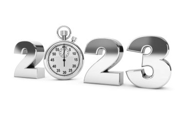 Yeni yıl 2023 konsepti. Beyaz arka planda kronometresi olan 2023 çelik tabela. 3d Hazırlama