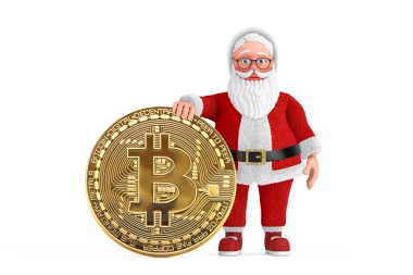 Beyaz arka planda Dijital ve Şifreli Altın Bitcoin sikkeli Neşeli Noel Baba Dedesi çizgi filmi. 3d Hazırlama 