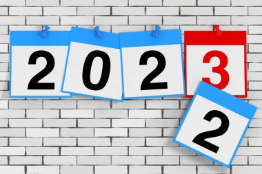 Yeni 2023 Yıllık Başlangıç Konsepti. Tuğla duvarın önünde 2023 yılbaşı tabelası olan takvim kağıtları. 3d Hazırlama