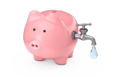 Su Kurtarma Konsepti. Beyaz arka planda su musluğu ve su damlası olan Piggy Bank. 3d Hazırlama 