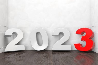 2023 New Year Sign in Empty Room extreme closeup. 3d Rendering clipart