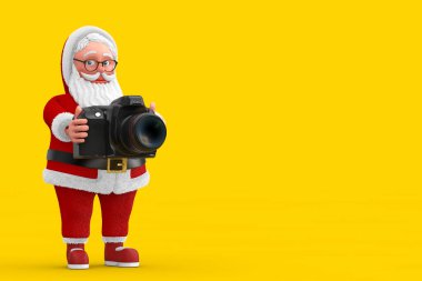 Sarı arka planda Modern Dijital Fotoğraf Kameralı Neşeli Noel Baba Karikatürü. 3d Hazırlama 