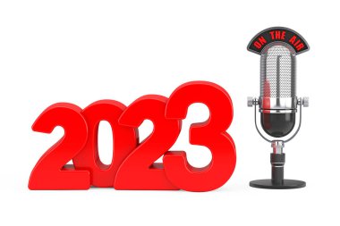 2023 yılbaşı konsepti. Kırmızı 2023 Yeni Yıl tabelası, üzerinde mikrofon olan ve beyaz bir zemin üzerinde 