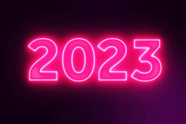 Mor bir arkaplanda 2023 Neon Metin Kapanışı. 3d Hazırlama