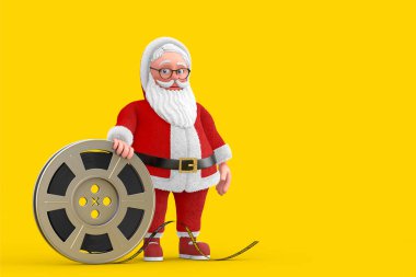 Sarı arka planda Sinema Kaseti olan Neşeli Noel Baba Çizgi Filmi Dedesi. 3d Hazırlama 