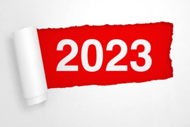 Yırtık Beyaz Kağıt Deliği 'nde 2023 Yeni Yıl Tabelası. Aşırı yakın plan. 3d Hazırlama