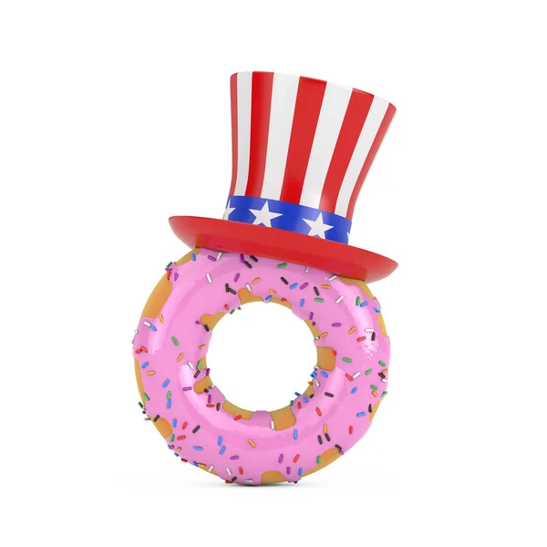 大草莓粉红甜甜圈与山姆大叔的美国帽白色背景 3D渲染 — 图库照片