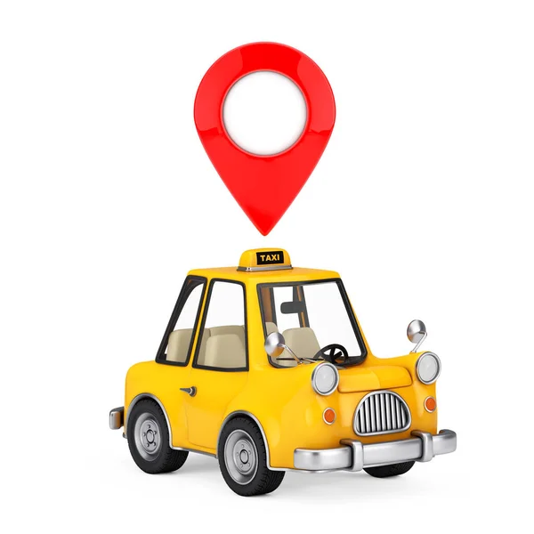 Sárga Rajzfilm Taxi Autó Piros Térkép Pointer Pin Fehér Háttérrel — Stock Fotó