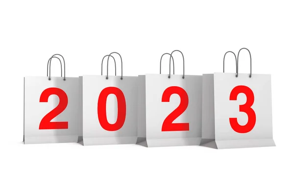 Τσάντες Αγορών 2023 Πρωτοχρονιά Εγγραφείτε Ένα Λευκό Φόντο Απόδοση — Φωτογραφία Αρχείου