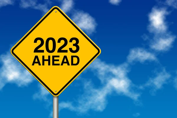 2023 Year Ahead Traffic Sign Blue Sky Background Rendering — Stock Photo, Image