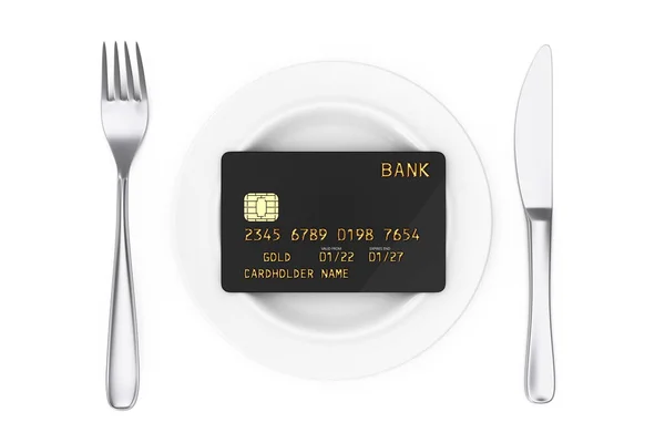 Πιρούνι Μαχαίρι Και Πιάτο Μαύρη Πλαστική Χρυσή Πιστωτική Κάρτα Και — Φωτογραφία Αρχείου