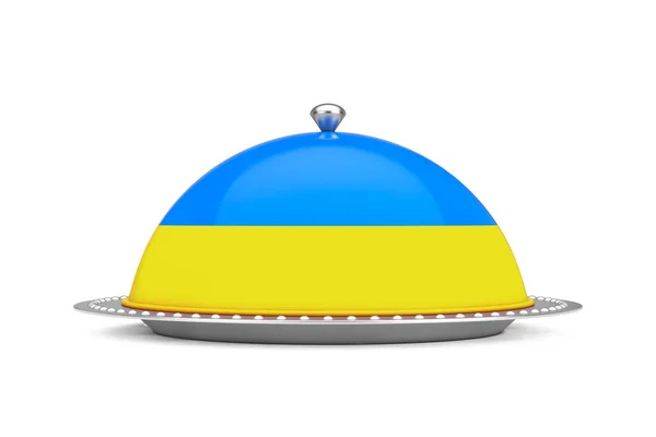 乌克兰食品概念 银盘和食物盖餐厅的斗篷 白色背景上有乌克兰国旗 3D渲染 — 图库照片