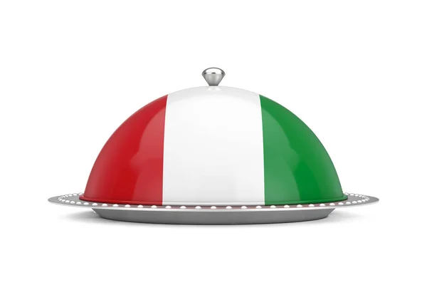 意大利食品概念 白底有意大利国旗的银盘和食品封面餐厅 3D渲染 — 图库照片