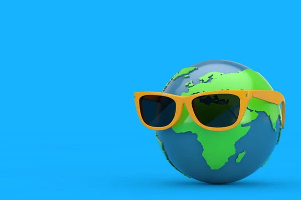 Earth Globe Yellow Summer Sunglasses Blue Background Rendering — Stock Photo, Image