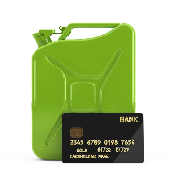 Πράσινη Μεταλλική Jerrycan Και Μαύρη Πλαστική Χρυσή Πιστωτική Κάρτα Τσιπ — Φωτογραφία Αρχείου